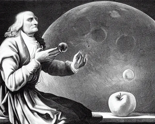 Image similar to isaac newton holding an apple in his hands and looking at the moon