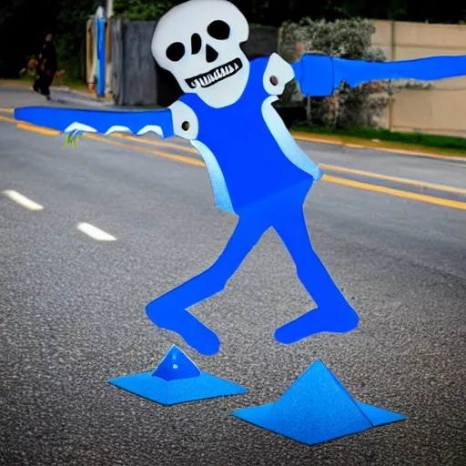 Image similar to a skeleton wearing a blue spendex suit with road - cones for hands