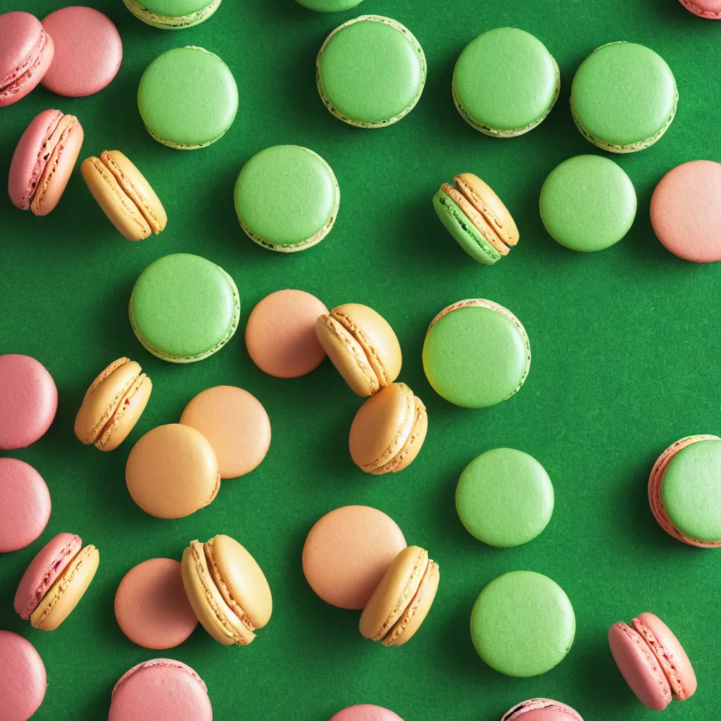 Image similar to top-down view of macarons on top of a green surface, 8k, high detail, photorealistic, proper shading