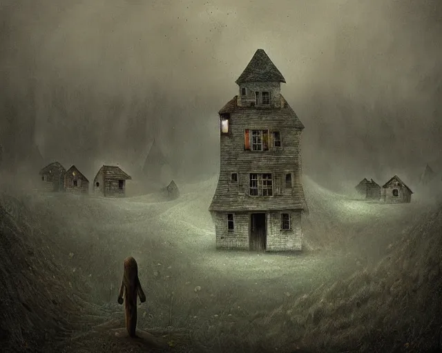 Image similar to a painting of an eerie small village on the tongue of a huge otherworldly creature, by anton semenov