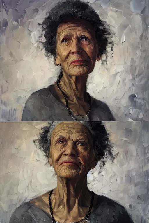 Image similar to palette knife oil painting portrait of ariadne, a mysterious spiritual guide who is a chain smoking old lady in an ashen trench coat. extreme detail, any racial background, artstation trending, artgerm, deviant art, octane, substance, art history 8 k