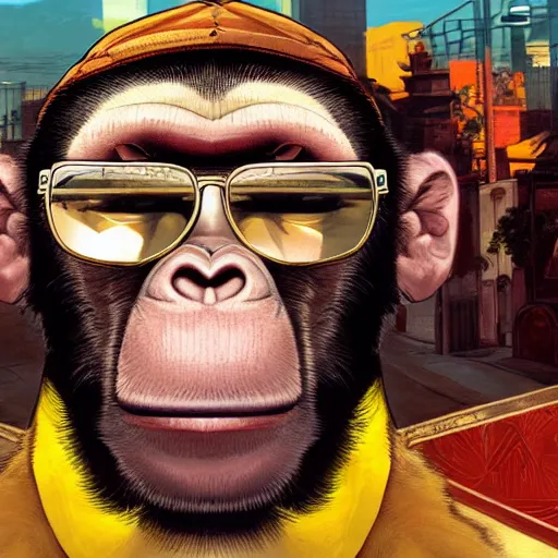 Image similar to [Monkey as president of Banana as GTA character, propaganda!, closeup, D&D, intricate, elegant, highly detailed, digital painting, artstation, concept art, matte, sharp focus, illustration, art by Artgerm and Greg Rutkowski and Alphonse Mucha and Enki Bilal]