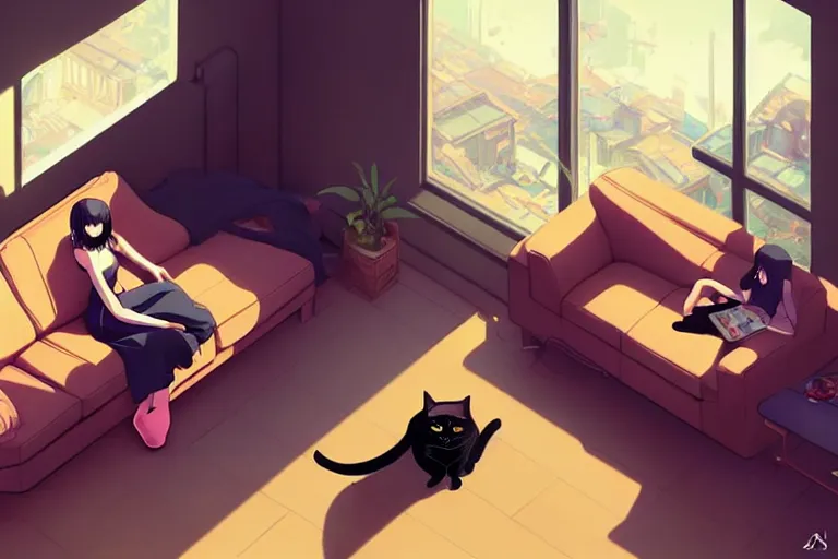 Image similar to a young woman sitting on a living room sofa playing xbox, a black cat is asleep next to her, wide angle shot from above, golden curve composition, animation portrait concept art, style of makoto shinkai, xision, james jean and peter mohrbacher, studio ghibli, artgerm, karol bak, dan mumford, 4 k hd, animation style