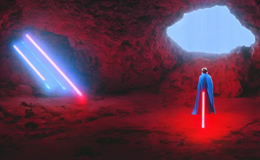 Image similar to screenshot of a crystal cave red gemstones, jedi master Luke Skywalker stands in the center of the red cave with his blue lightsaber, iconic scene from the 1970s thriller film directed by Stanely Kubrick film, color kodak, ektochrome, anamorphic lenses, detailed faces, moody cinematography