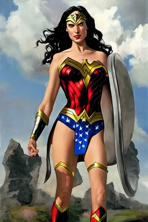Prompt: Gal Gadot as Wonder Woman with athletic body, painting from Kingdom Come Alex Ross