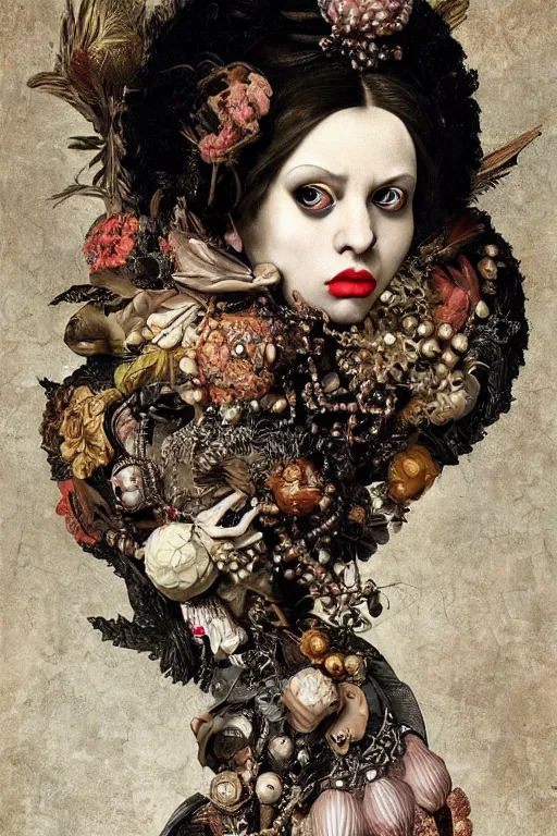 Image similar to Detailed maximalist portrait with large lips and with large, wide eyes, expressive, extra flesh, HD mixed media, 3D collage, highly detailed and intricate, surreal, illustration in the style of Caravaggio, dark art, baroque