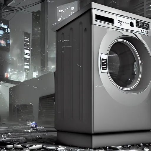 Image similar to a washing machine becoming sentient and rebelling against humanity, cyberpunk, digital art, high detail