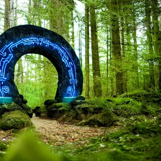 Image similar to a stargate made of stone with embedded blue glowing runes in the middle of a green forest with a beam of light