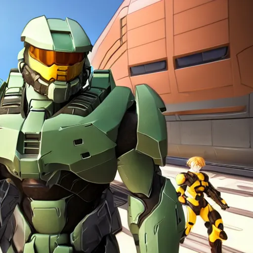 Prompt: master chief from halo holding vanilla from nekopara with the arbiter in background staring jealously