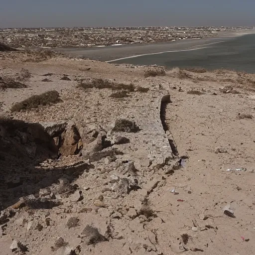 Image similar to a photo of a place where the desert meets the ocean, a ruined city in view, a survivor looks into the camera W 1024