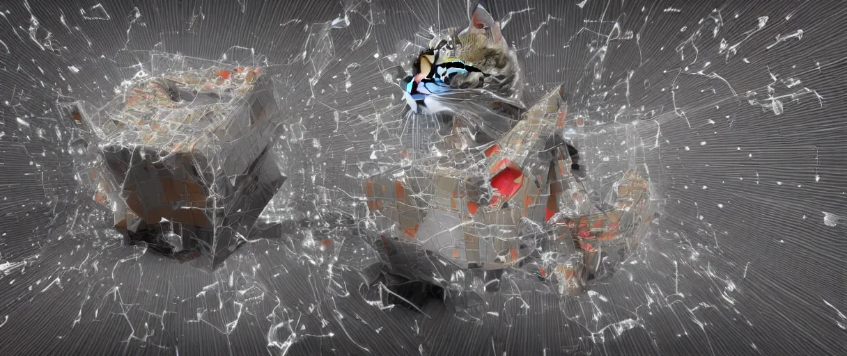 Image similar to 3 d render of schrodinger's cat in a box beeing dead and alive at the same time, 3 d render with elements of glitch art, paradox, quantum superposition, waves and particles, wave function, scifi style, concept art, high detail, particles disintegration, artsation 4 k