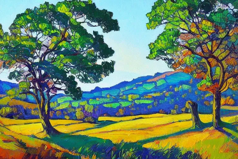 Image similar to masterpiece painting of oak trees on a hillside overlooking a creek, dramatic lighting, by erin hanson