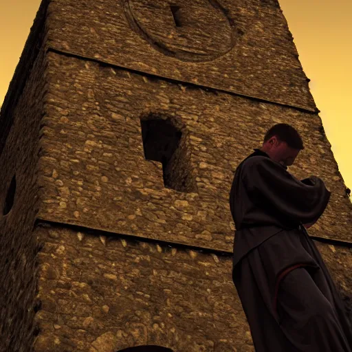 Image similar to Close-up of a terrified catholic priest in his twenties fervently praying at the top of a medieval tower. He is looking horrified as a yellow shadow descends upon him from the night sky. Dramatic lighting. Award-winning digital art, trending on ArtStation