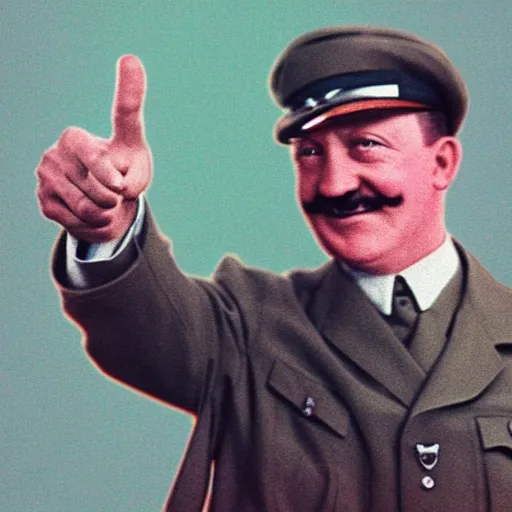 Prompt: high definition photo Hitler smirking while pointing up with one finger, 4k