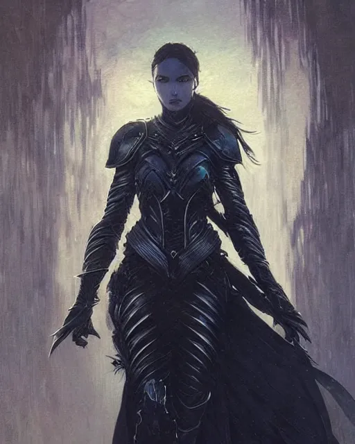 Prompt: a beautiful woman dark hair in an armor with dark eyes, elegant, dark blue, ethereal horror fantasy art by greg rutkowski and magali villeneuve and claude monet, detailed face