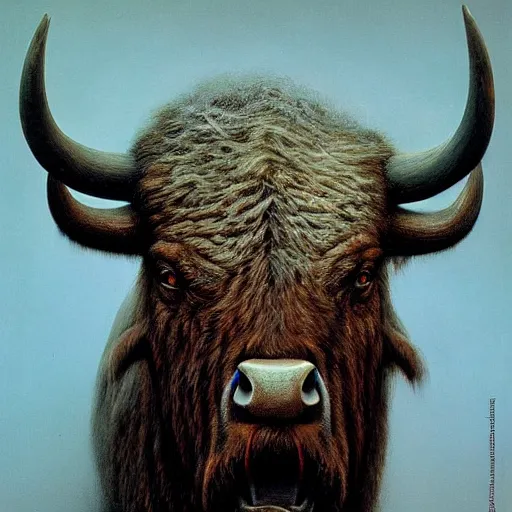 Image similar to Angry Humanoid Bison portrait, dark fantasy, blue, artstation painted by Zdzisław Beksiński and Wayne Barlowe