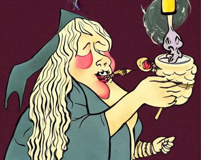 Image similar to fat witch smokin bong. the witch is smoking a bong. the witch smells really bad. the stinky witch needs a shower.