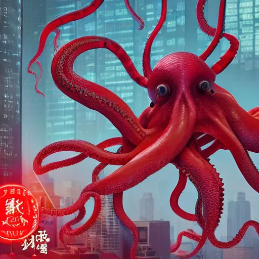 Image similar to Illustration of the Chinese communist party as a dirty octopus with lots of tentacles, dystopian, dirty, 3d shaded, cyberpunk, volumetric lighting, cgsociety, octane render, imax, highly detailed, 8k, hyperrealism