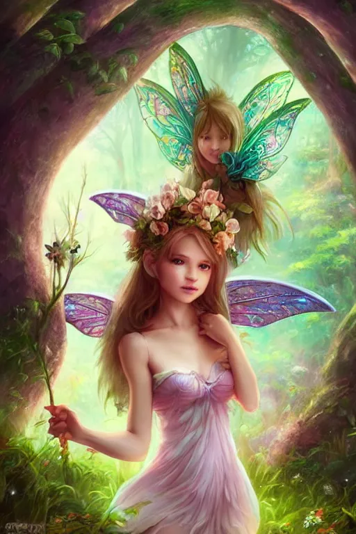 Image similar to a cute fairy in the dreamy forest, fantasy, 8 k resolution, hyper detailed, d & d, character design, digital painting, trending on artstation, sharp focus, illustration, art by artgerm, steve zheng, fuji choko, viktoria gavrilenko, hoang lap