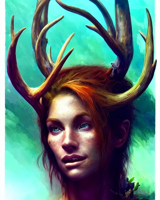 Prompt: female explorer, perfect face, thin antlers, green halter top, ginger hair, abs, cinematic, freckles, stunning, athletic, strong, agile, highly detailed, psychedelic, digital painting, artstation, smooth, hard focus, illustration, art by jessica rossier and and brian froud