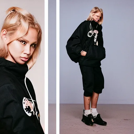 Image similar to realistic photoshooting for a new bape lookbook, color film photography, photo of a beautiful blonde woman, photo in style of tyler mitchell, 3 5 mm,