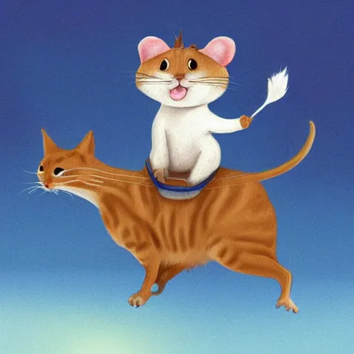 Image similar to a mouse riding on a prancing cat, illustration, digital art, trending on artstation