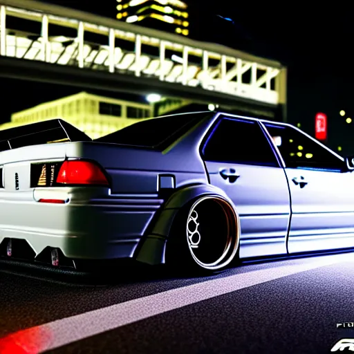 Image similar to a car JZX100 twin turbo drift at illegal car meet, Shibuya prefecture, city midnight mist lights, cinematic lighting, photorealistic, highly detailed wheels, high detail