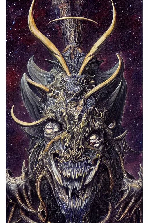 Image similar to sideview waist up portrait of anglerfish baphomet made with porcelain by jeff easley and peter elson, beautiful eyes and face, symmetry face, galaxy, gothic, surreal, dread, highly detailed, intricate complexity, epic composition, magical atmosphere, masterpiece, award winning, trending on artstation