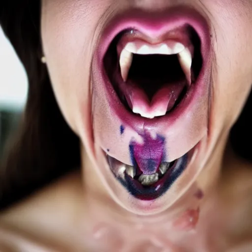 Image similar to woman screaming with stupid looking tattoo, close - up photography