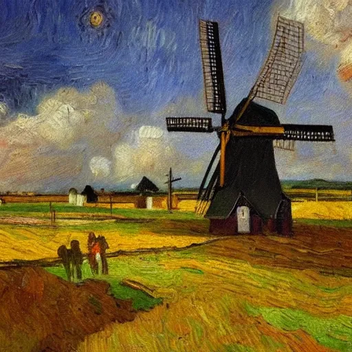 Image similar to A beautiful oil painting of a dutch landscape, there are windmills, the colors are vivid and bright, in the style of van Gogh