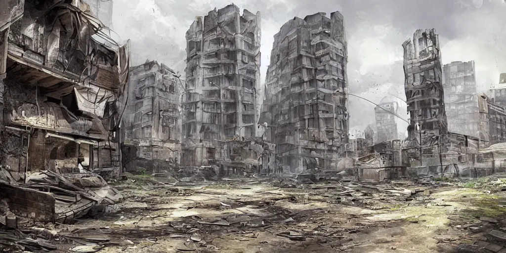 Image similar to dilapidated detailed buildings, beautiful concept art of donetsk during war