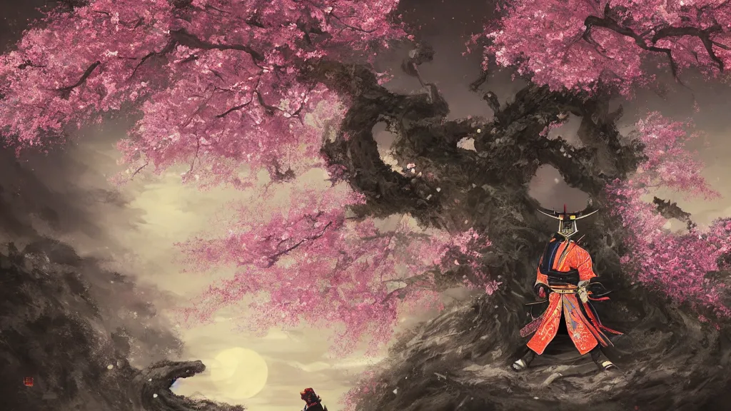 Image similar to beautiful japanese painting of an armoured samurai meditating under a blossom tree, realistic, digital painting, concept art, matte painting, cinematic night lighting, 8 k, highly detailed, detailed terrain