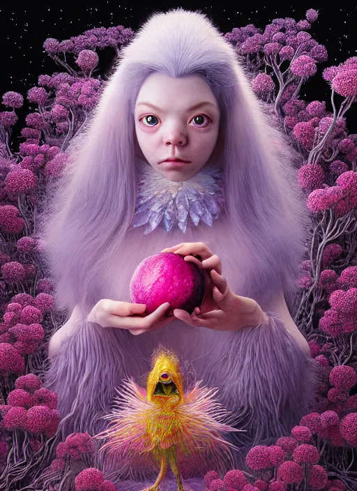 Image similar to hyper detailed 3d render like a Oil painting - kawaii portrait Aurora (a skeksis from dark crystal that looks like Anya Taylor-Joy) seen Eating of the Strangling network of yellowcake aerochrome and milky Fruit and His delicate Hands hold of gossamer polyp blossoms bring iridescent fungal flowers whose spores black the foolish stars by Jacek Yerka, Ilya Kuvshinov, Mariusz Lewandowski, Houdini algorithmic generative render, Abstract brush strokes, Masterpiece, Edward Hopper and James Gilleard, Zdzislaw Beksinski, Mark Ryden, Wolfgang Lettl, hints of Yayoi Kasuma, octane render, 8k