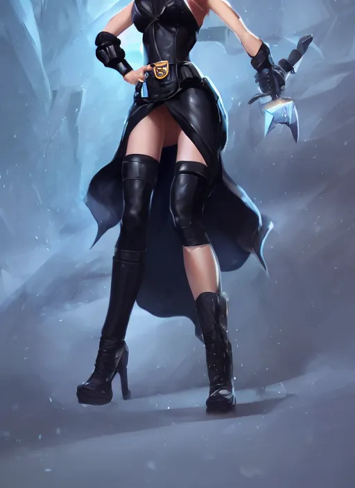 Image similar to caitlyn from league of legends, wearing black dress police uniform, white skirt, hyper detailed, digital art, trending in artstation, cinematic lighting, studio quality, smooth render, unreal engine 5 rendered, octane rendered, art style by klimt and nixeu and ian sprigger and wlop and krenz cushart