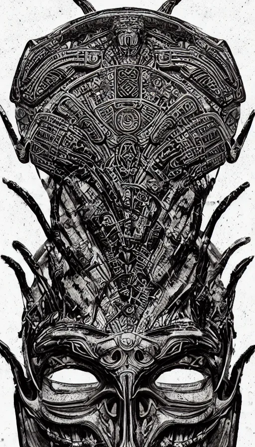 Image similar to ancient interstellar hybrid aztec fantasy beautiful alien symmetrical human face skull mask tattoo pattern concept, teonanacatl glyph, intricate artwork by, Johnatan Wayshak, Zdizslaw Beksinski, face by Artgerm, H.R. Giger, very coherent artwork, cinematic, hyper realism, high detail, octane render, unreal engine, 8k, High contrast, higly detailed black ink outline, crosshatch sketch gradient