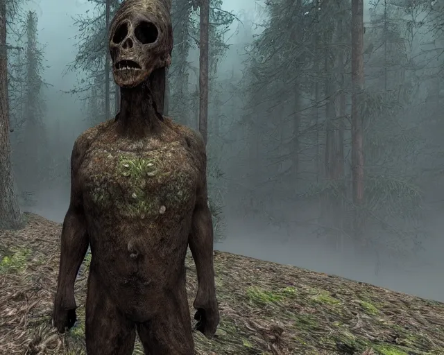 Image similar to average discord moderator in forest, cinematic, twilight, realistic, horror, fog, detailed, full body