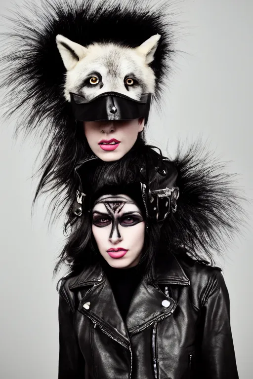 Image similar to photographic portrait of a punk girl in a leather jacket wearing a wolf's head over her face, high fashion, style magazine shoot, cool punk with wolf on her head