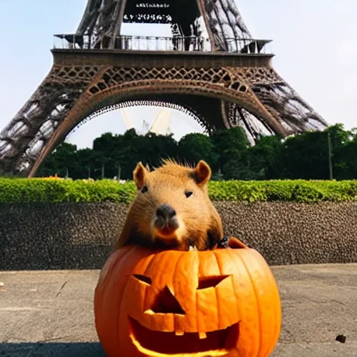 Prompt: capybara, akira style, wearing a headband, eating a pumpkin on top of the eiffel tower