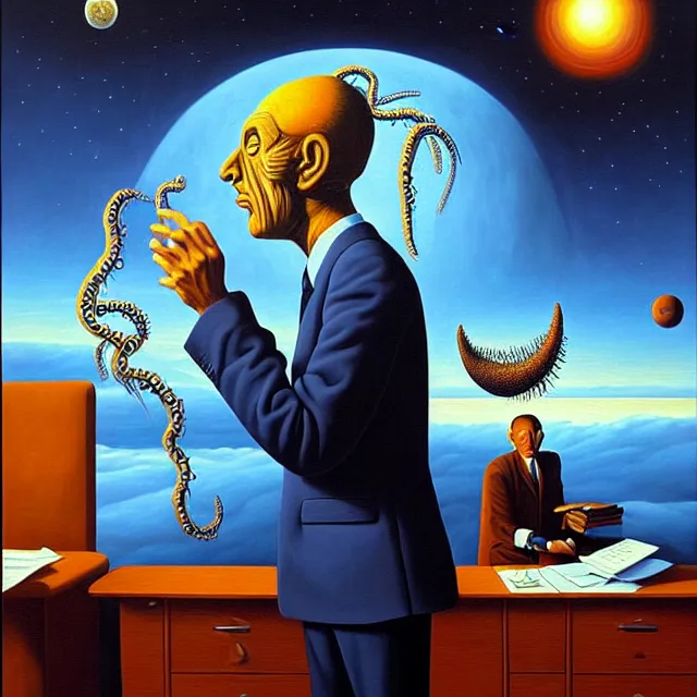Image similar to an oil on canvas portrait of a man at an office making a deal with an angel, surrealism, surrealist, lovecraftian, cosmic horror, rob gonsalves, high detail