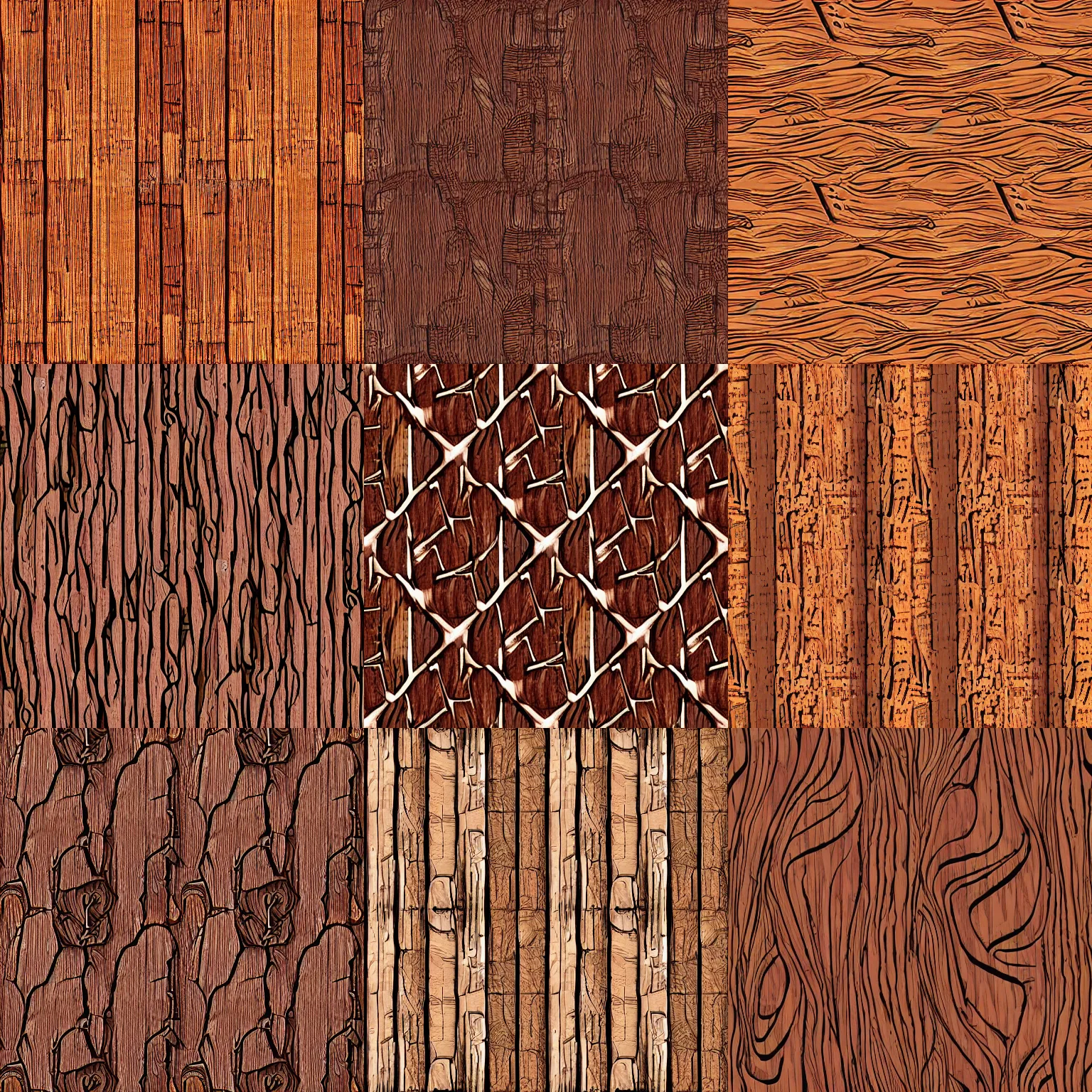 Prompt: closeup of seamless stylized cartoon wood bark texture