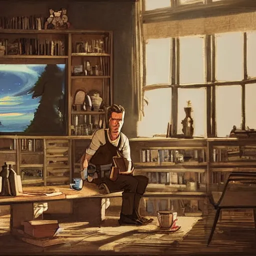 Prompt: ewan mcgregor is having a coffee in a draw room, white cat, huge bookshelf at the background, fireplace, digital art, very detailed, extreme long shot, atmosphere, dramatic lighting, epic composition, wide angle, by miyazaki, nausicaa ghibli, breath of the wild