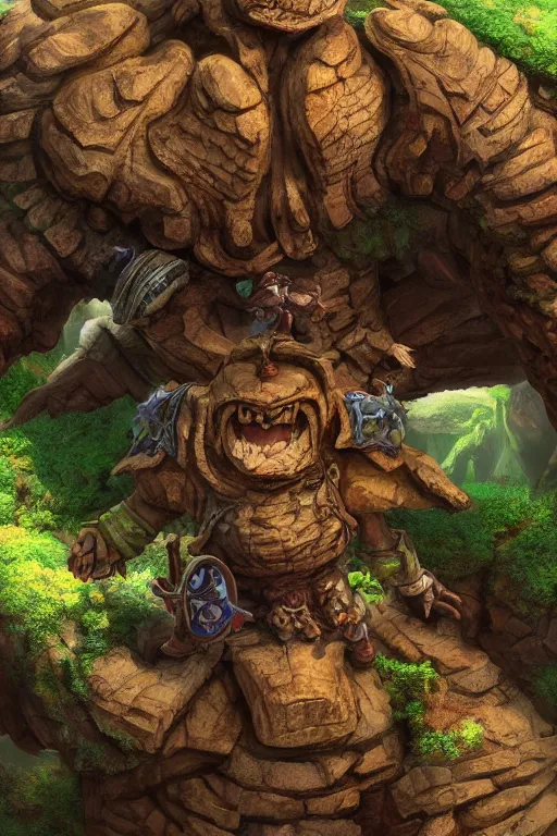 Image similar to zelda fantasy art giant golem troll wood rock greeble gemstone, global illumination ray tracing hdr fanart arstation by sung choi and eric pfeiffer and gabriel garza and casper konefal