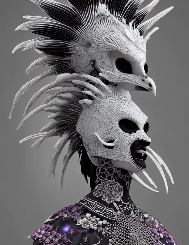 Image similar to 3 d goddess close - up profile simple portrait punk with mohawk with goat skull. beautiful intricately detailed japanese crow kitsune mask and clasical japanese kimono. betta fish, jellyfish phoenix, bio luminescent, plasma, ice, water, wind, creature, artwork by tooth wu and wlop and beeple and greg rutkowski