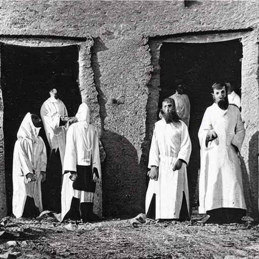 Image similar to worshippers dressed in robes belonging to the cult of the lighthouse. Dilapidated 1800s lighthouse. 1800s photo.