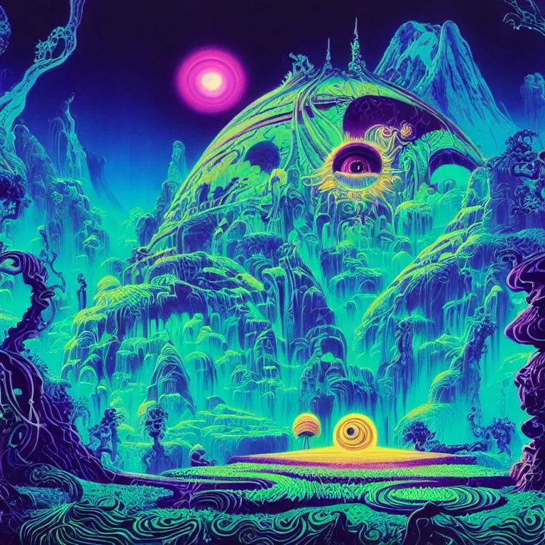 Prompt: mysterious eyeball hovers over mythical crystal temple, psychedelic waves, synthwave, bright neon colors, highly detailed, cinematic, eyvind earle, tim white, philippe druillet, roger dean, ernst haeckel, lisa frank, aubrey beardsley