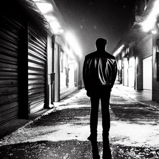 Image similar to shot of young man from back pacing lowering head dressed in short leather bomber jacket to empty narrow alley with street lamps in park with pines to the horizon,, with hands in pockets, snowfall at night, mullet long haircut, black hairs, cinematic, dramatic, detailed, realistic, movie shot, low lighting