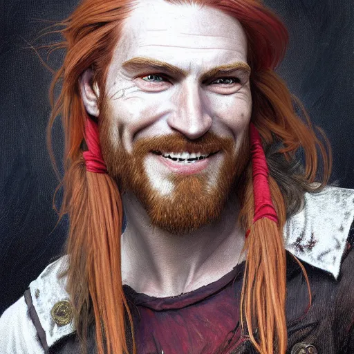 Image similar to portrait of a young ruggedly handsome but joyful pirate, male, masculine, upper body, red crimson crimson hair, long long flowing hair, fantasy, very smug smirk, intricate, elegant, highly detailed, digital painting, artstation, concept art, matte, sharp focus, illustration, art by artgerm and greg rutkowski and alphonse mucha