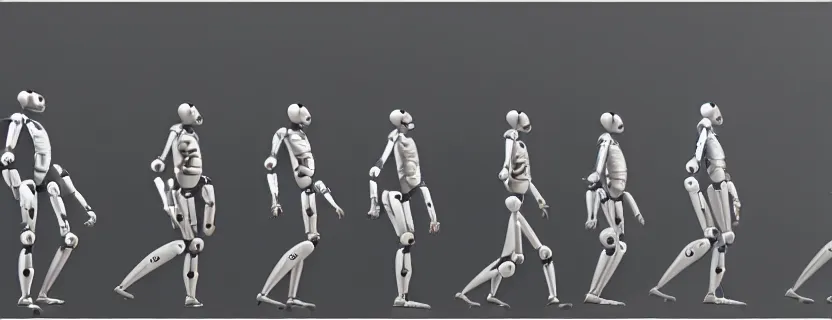 Image similar to an evolution diagram from left to right of robots, 8 k, hyper realistic. the left side robots are shorter, uncropped