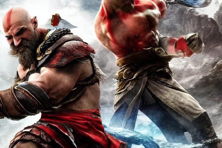 Prompt: Kratos fighting in Asgard