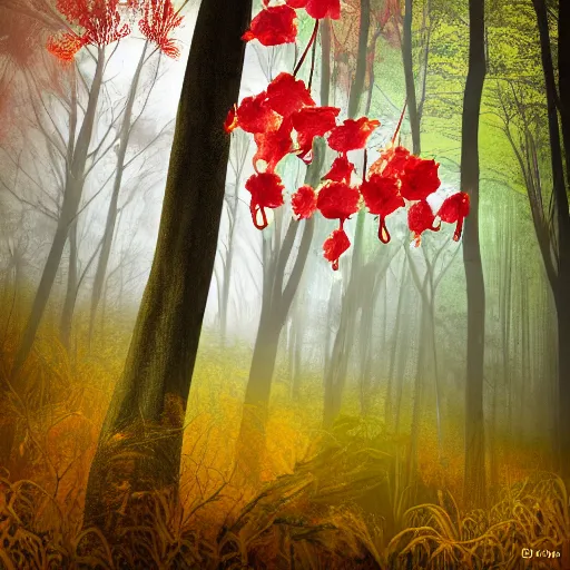 Image similar to a fiery orchid in a misty forest, light colors, digital art,